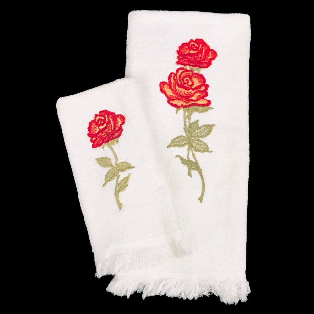 Vintage Royal Terry Bath And Hand Towel Set White Embroidered Red Roses 1950s